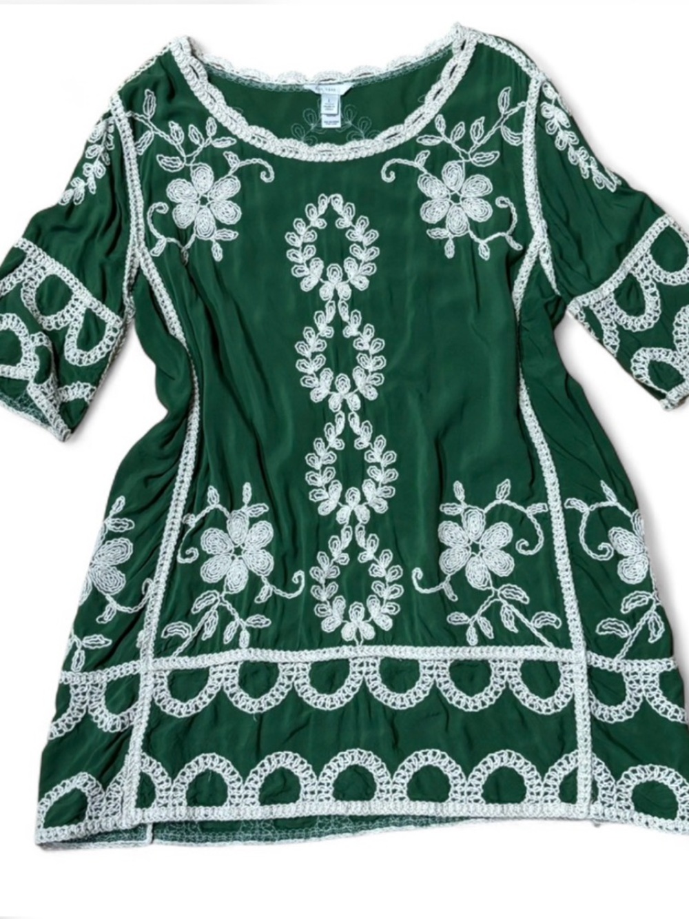 Embroidered Green Tunic with White Crochet Lace